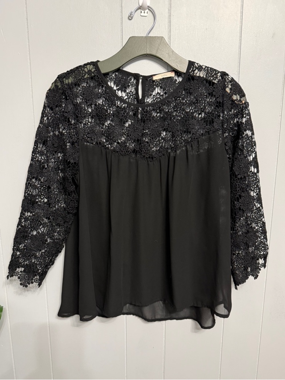 #17)  Black Crochet Yoke Blouse - Women Tops